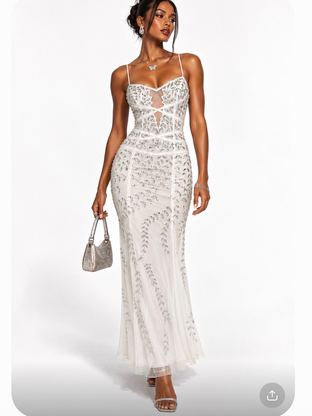 VINTAGE CACHE White Beaded Sequin Mesh Sweetheart Spaghetti Strap Maxi Dress